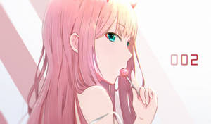 Zero Two Eating Pink Lollipop Wallpaper