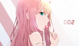 Zero Two Eating Pink Lollipop Wallpaper