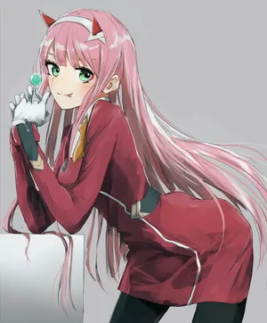Zero Two Holding Green Lollipop Wallpaper